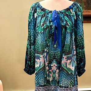 Just Cavalli Blue and Green 3/4 Sleeve Tie Front Blouse